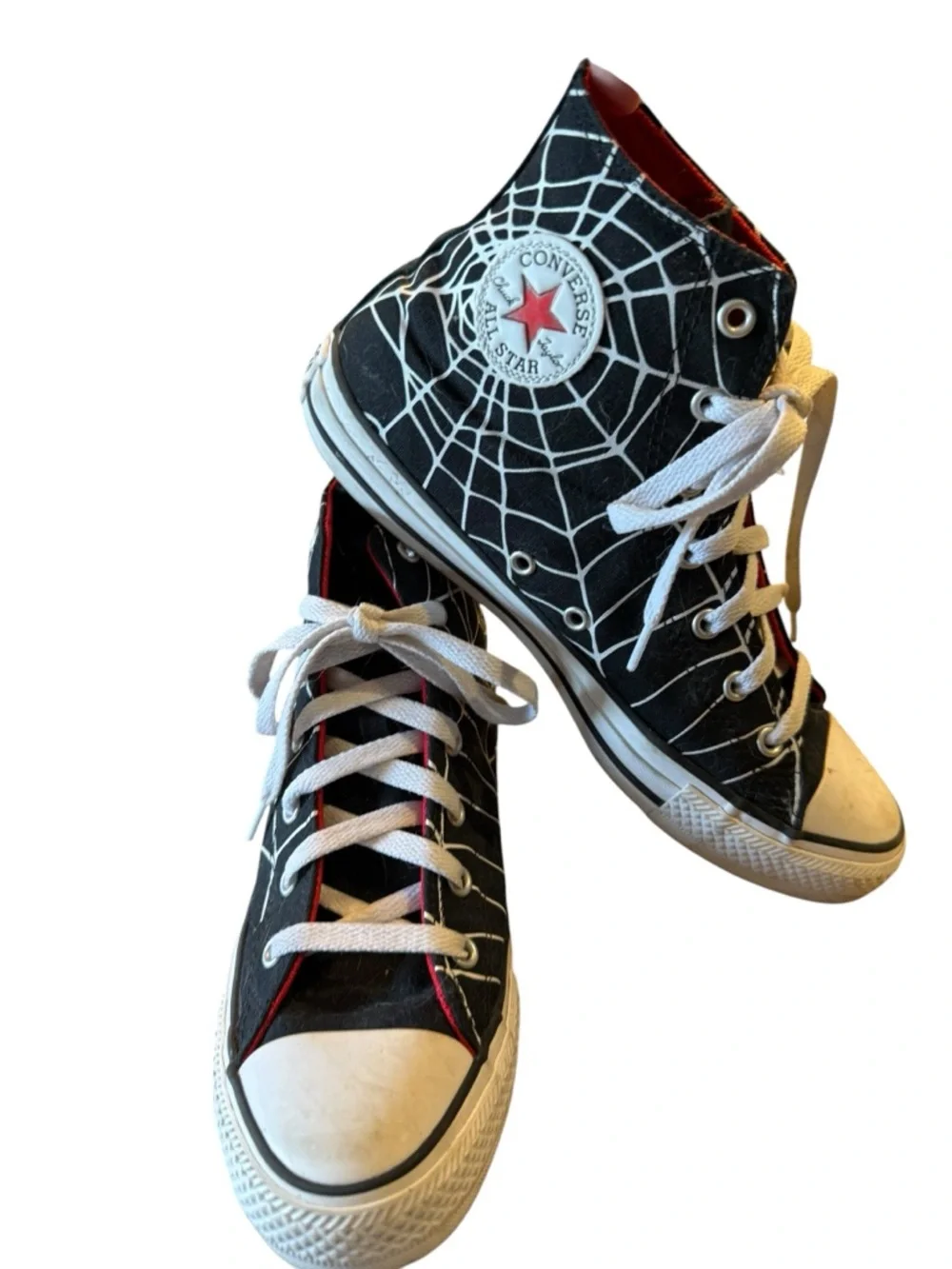 Converse Black High Top Sneakers White Spiderweb and Red Accents Mens 7 - Picture 1 of 8